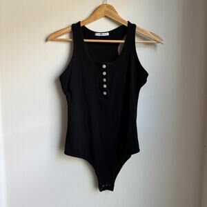 Reoria Black Ribbed Button Front Bodysuit Size M